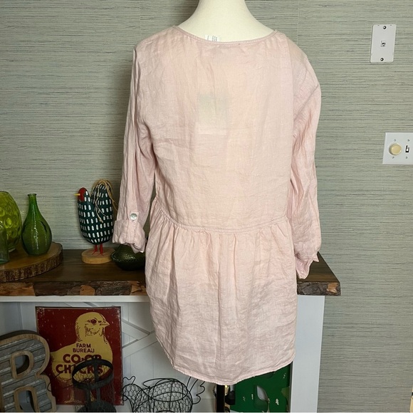 Sigrid Olsen Womens M Pink Button Up Shirt 100% Linen Tunic Top Roll Tab Sleeve - Picture 2 of 8
